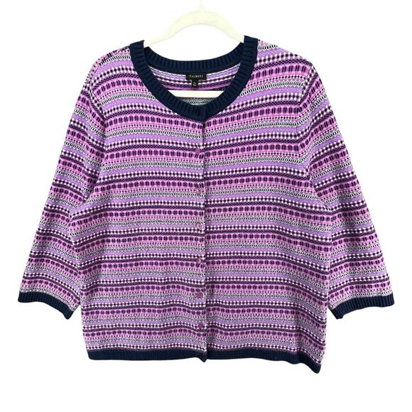 Talbots Cardigan Sweater Womens XL Purple Blue Fair Isle Striped Lambswool Cozy - Picture 2 of 14